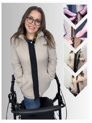 a woman in a rollator in a cream colored jacket with a ziperbuddy velcro on her jacket, it lines the middle like a thick black stripe. on the right are graphics in an arrow shape demonstrating how it is attached. first zipped in on each side, then how it's fastened. align the squares in the center of the velcro and slide your hand down.