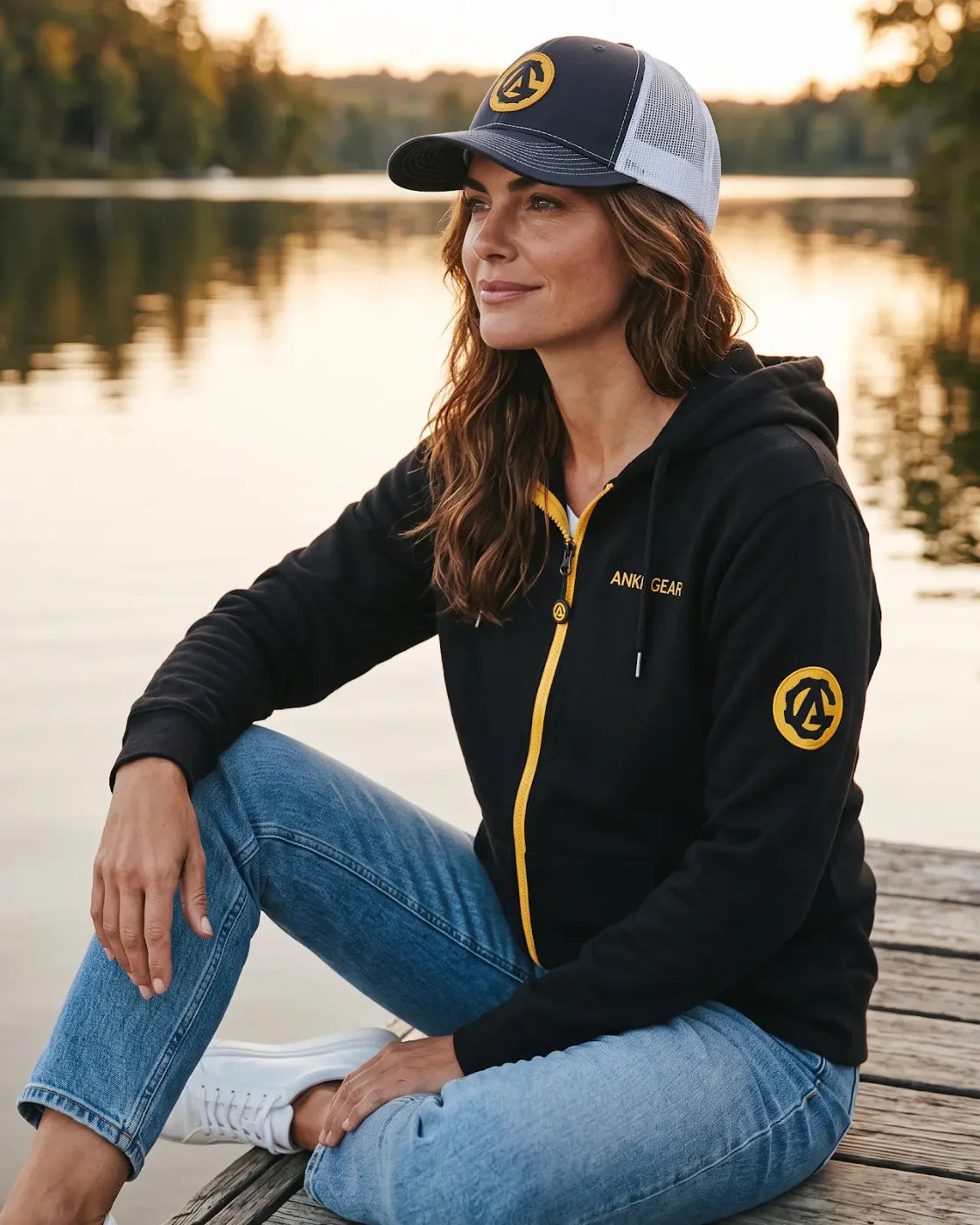 A woman in the black Lightweight MagZip Hoodie sitting on a lake dock
