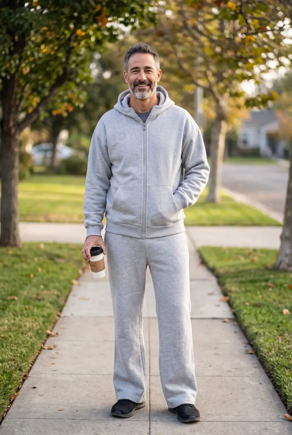 A man in the gray FREEDOM Hoodie and Jogger set on a sidewalk