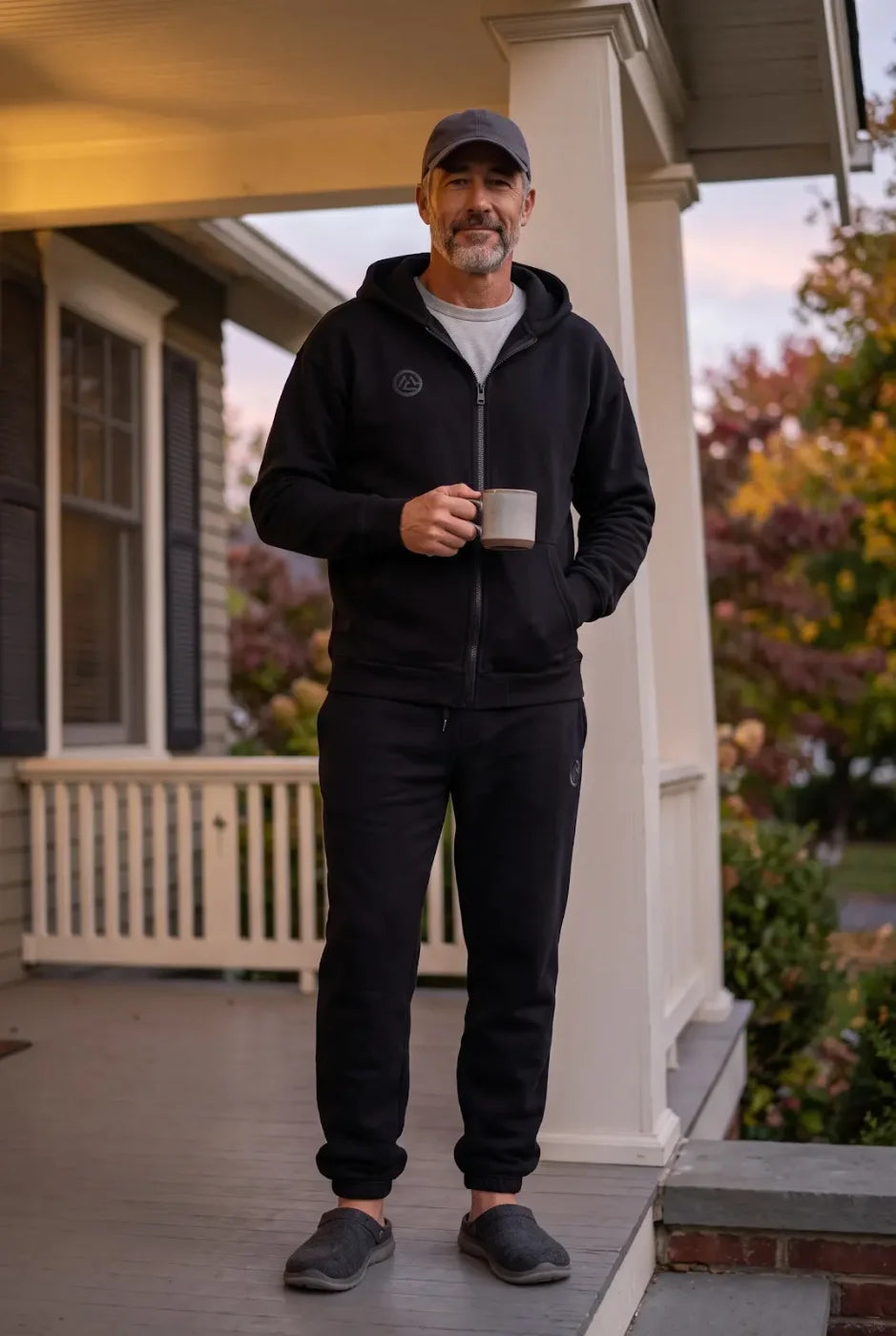 A man on his porch in the black FREEDOM Hoodie and Jogger