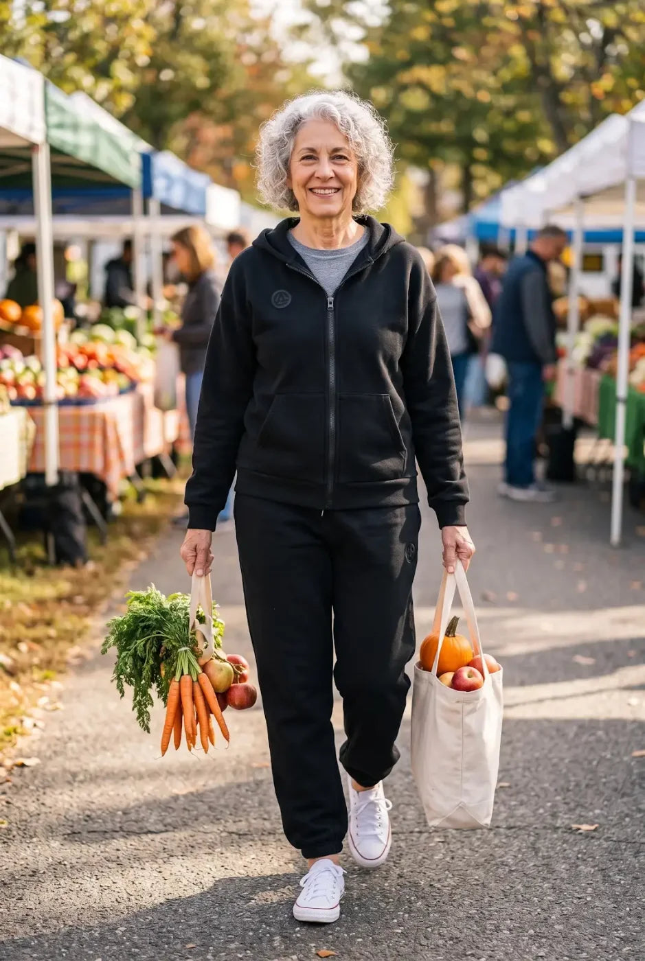 A woman at a farmers market in the black FREEDOM Hoodie and Jogger