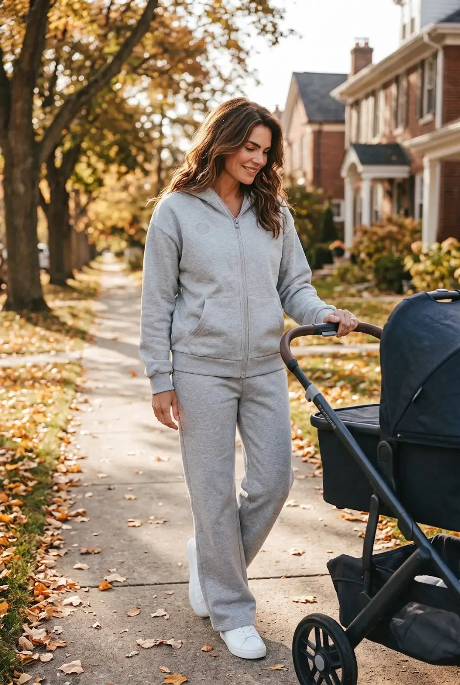 A mom with a stroller in a gray FREEDOM Hoodie