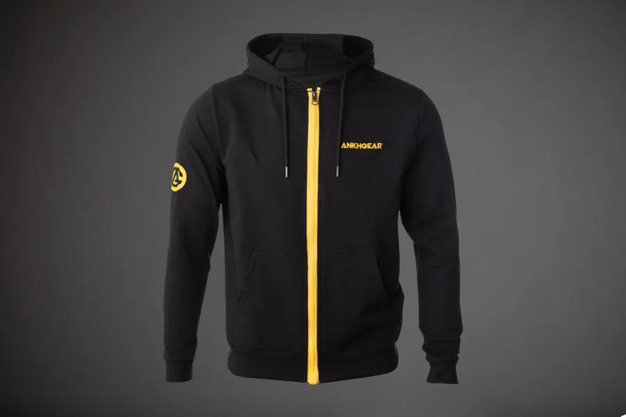 The black Lightweight MagZip Hoodie with arm logo and gold zipper, front view