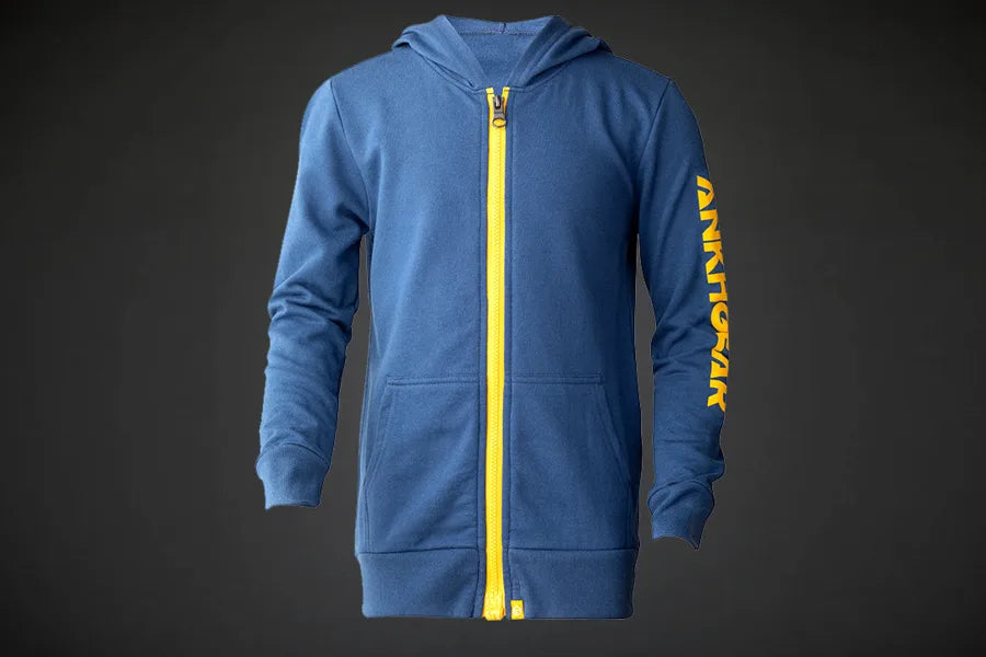The blue Kids MagZip Hoodie with yellow zipper, front view