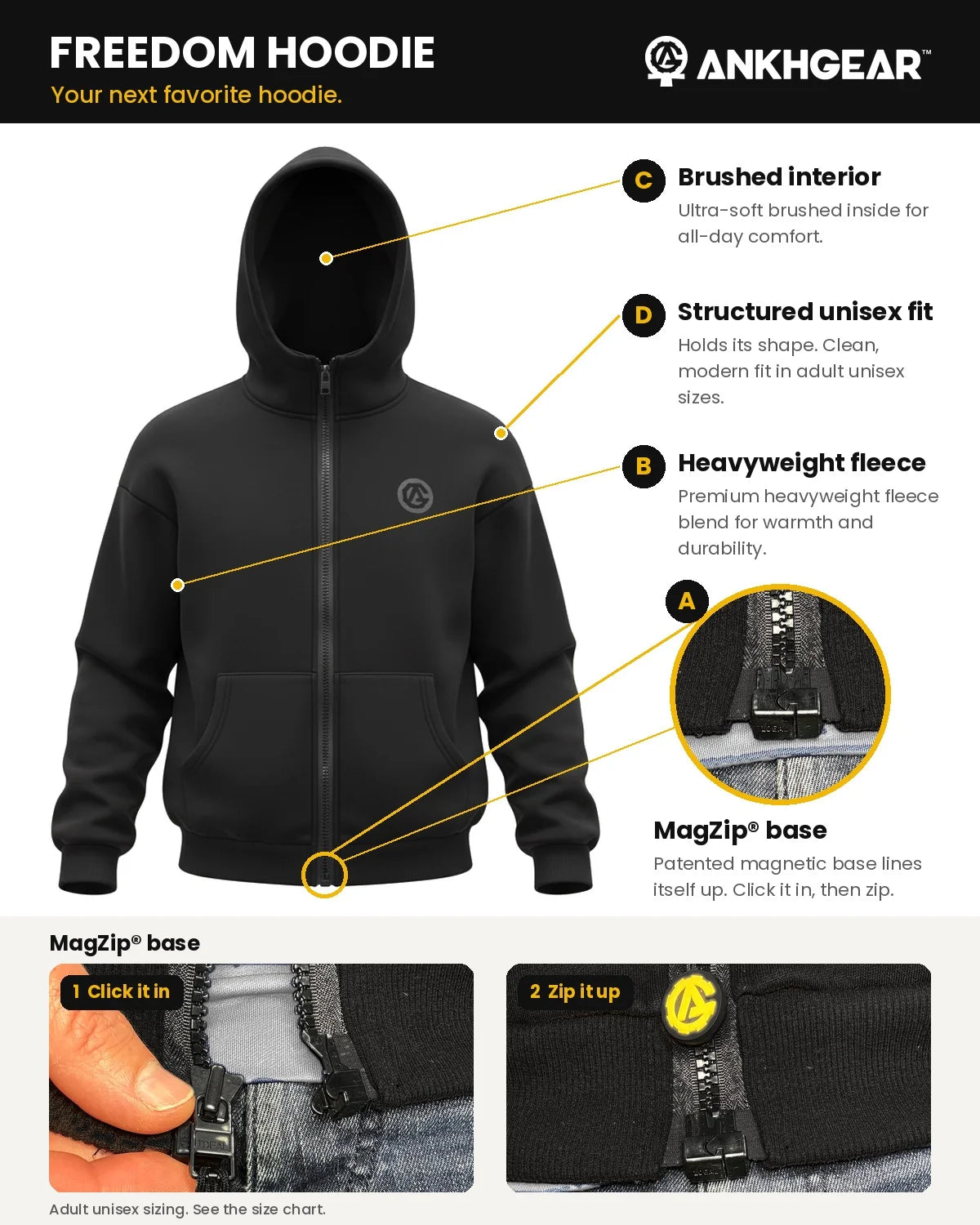 FREEDOM Hoodie features: brushed interior, structured unisex fit, heavyweight fleece and the MagZip magnetic base